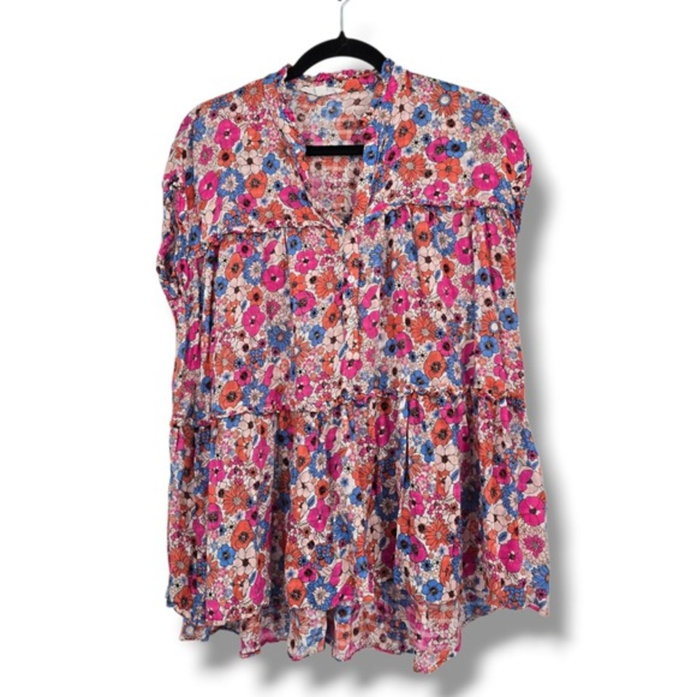Jane + Delancey Pink Floral Tiered Babydoll‎ Top Short Sleeve Rayon Small